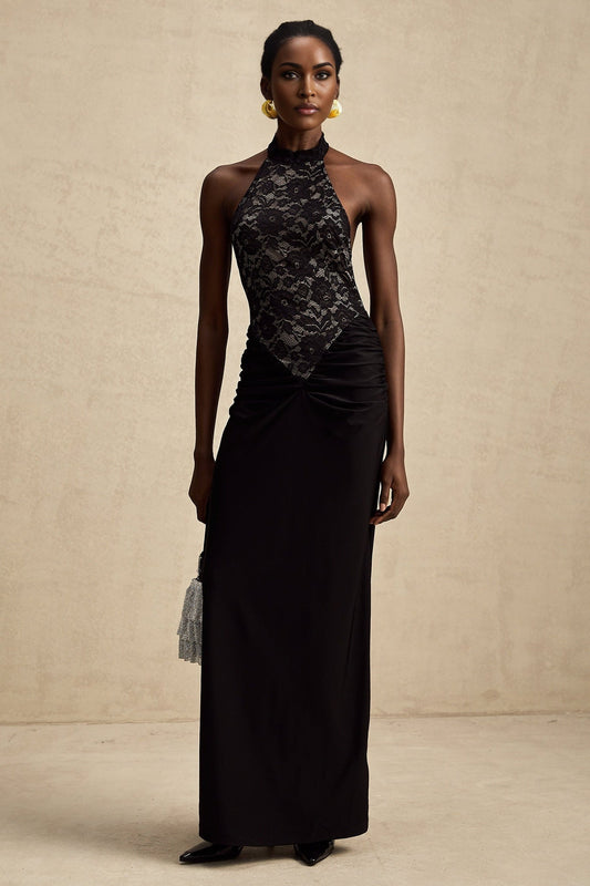 Black floral lace halter neck maxi dress named Camille with long skirt and sleeveless design