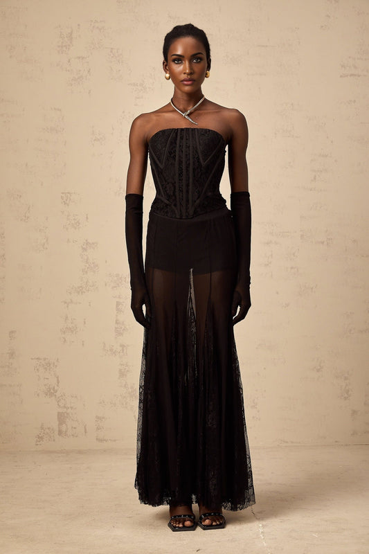 Black floral lace lingerie set including corset skirt and gloves called Violaine