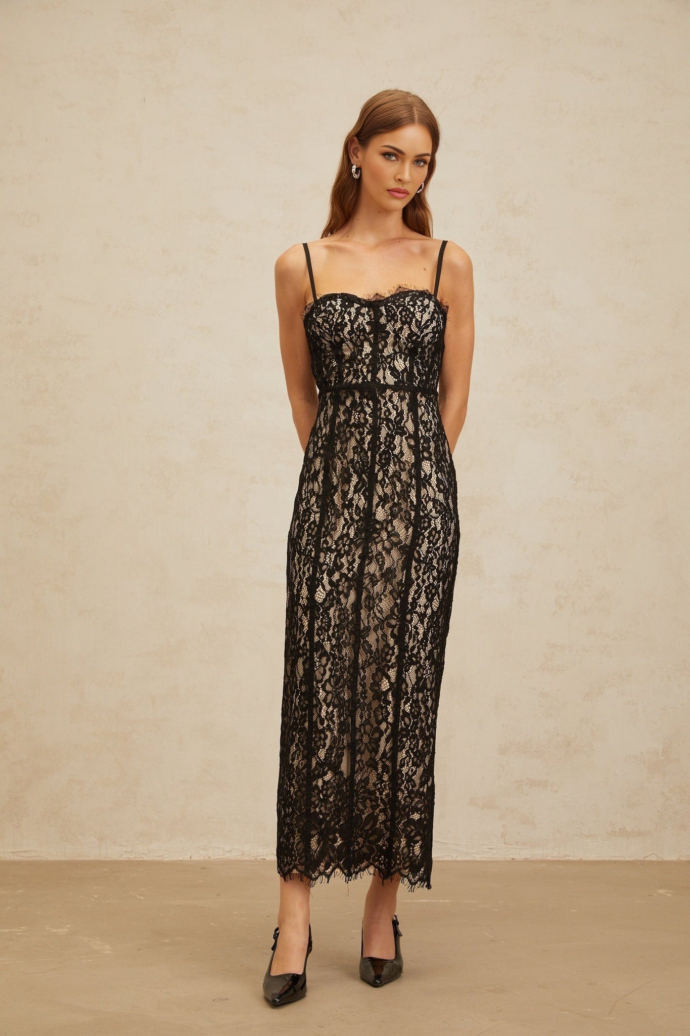 Black floral lace pencil silhouette maxi dress with sweetheart neckline and adjustable spaghetti straps