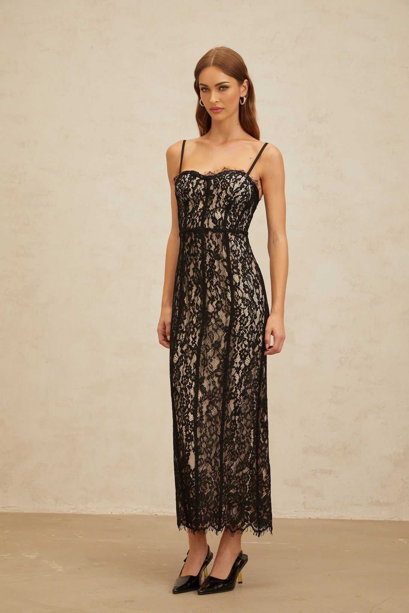 Black floral lace sweetheart neckline maxi dress with adjustable spaghetti straps
