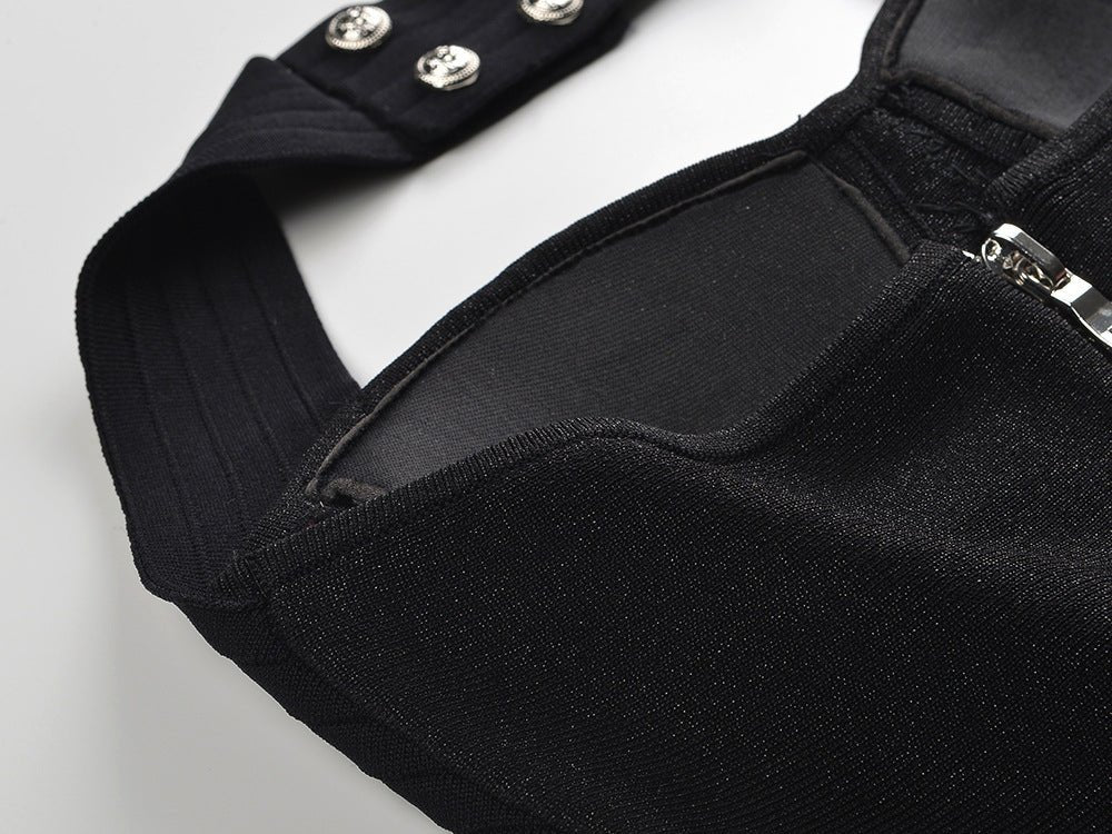 Black A-line halter dress with floral embellishment