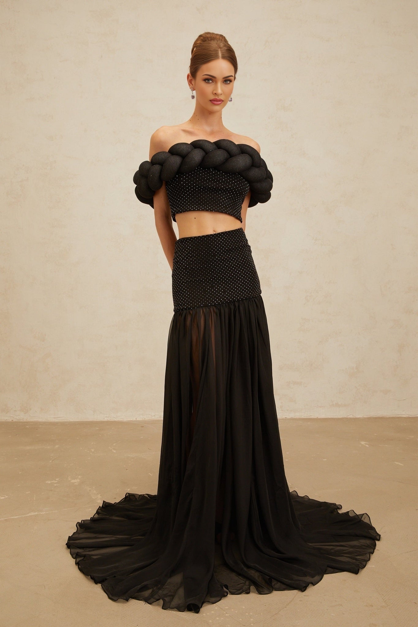 Black high rise maxi dress with rhinestone embellishment and tulle paneling