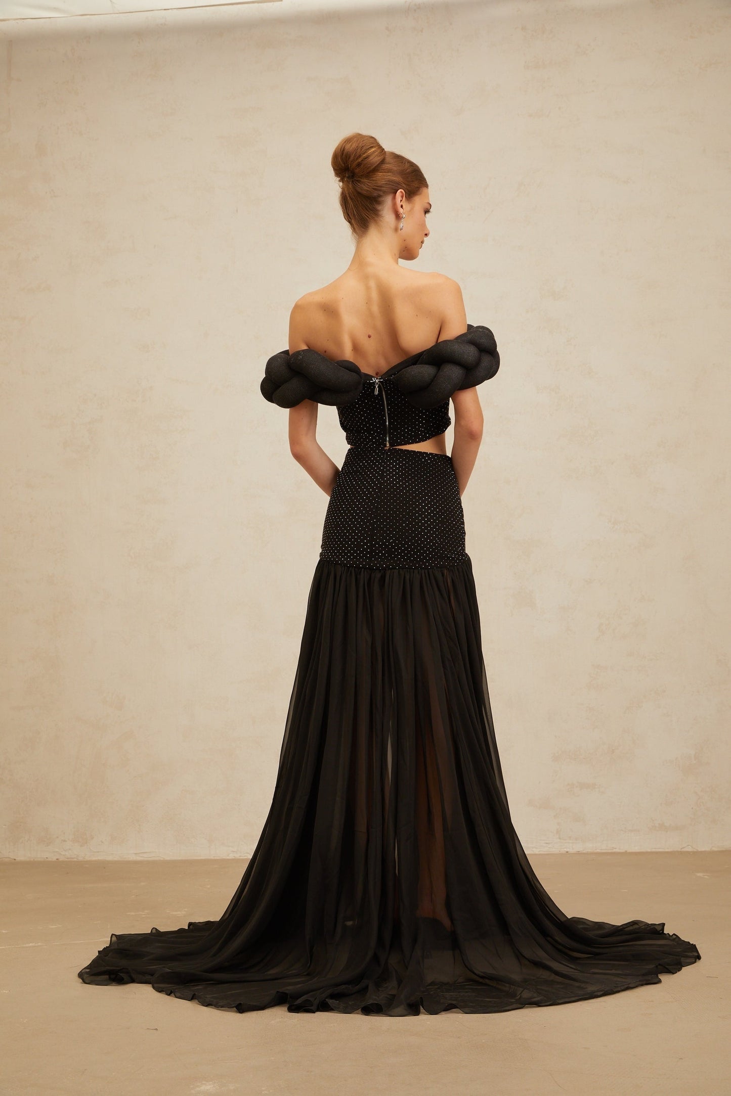 Black high rise maxi dress with rhinestone embellishment and tulle paneling
