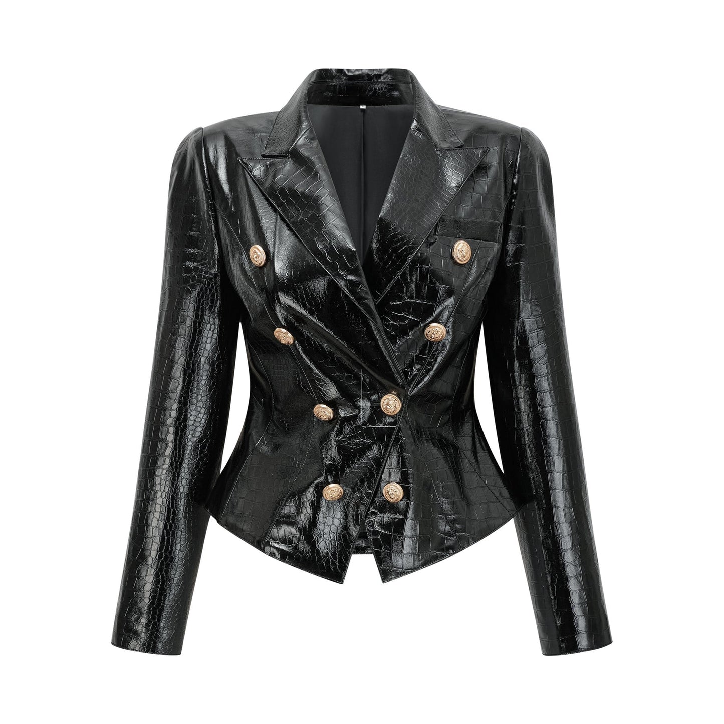 Black leather jacket with cinched waist design by Elodie