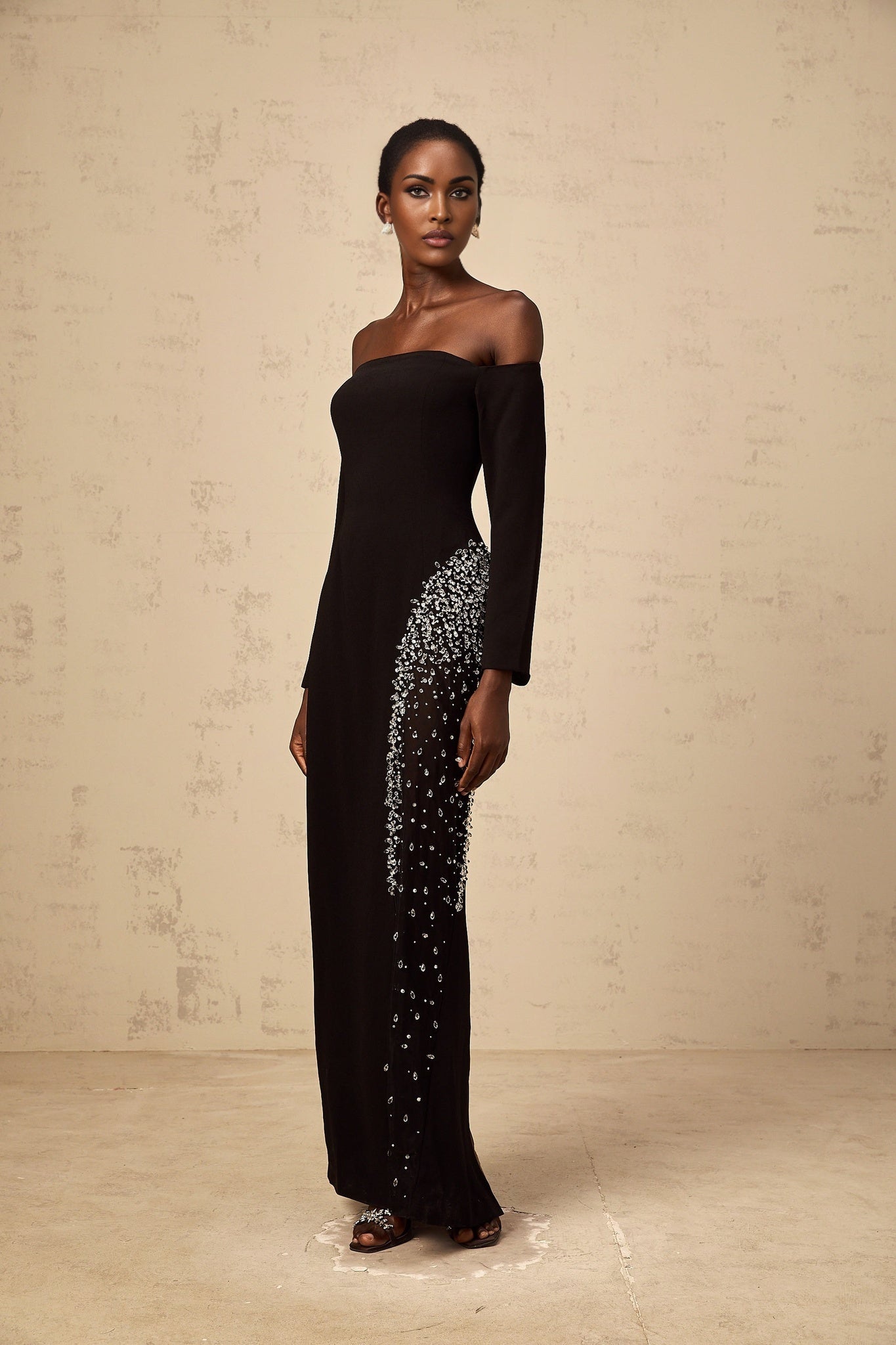 Black maxi dress with mesh panels and embellishments named Hyacinthe