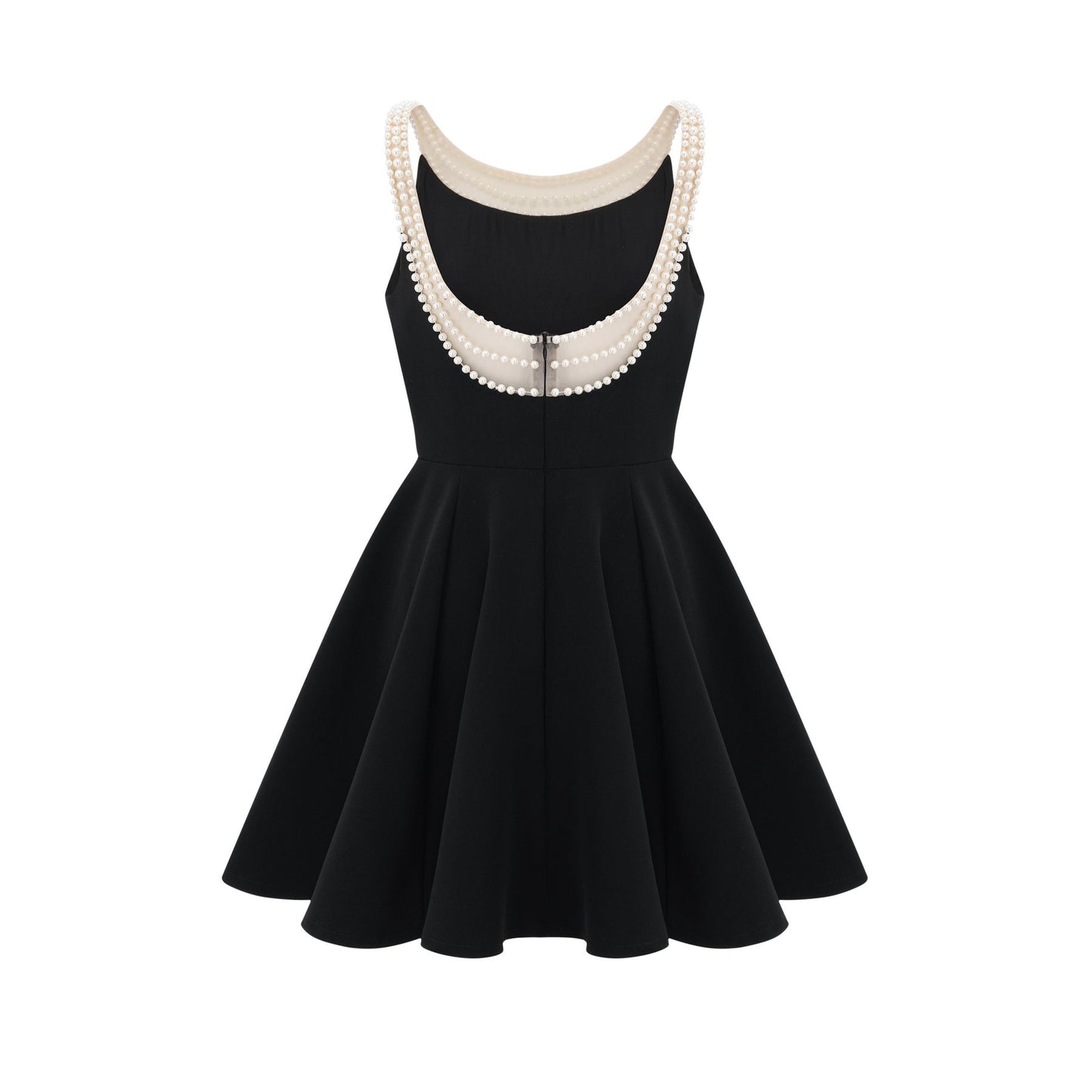 Black mini dress with faux pearl embellishments called Danae
