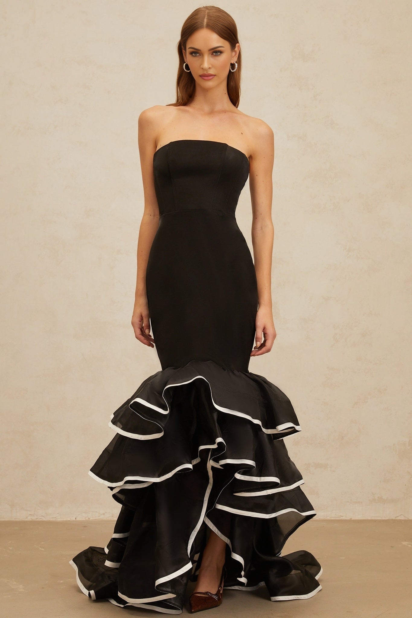 Black off the shoulder sleeveless fitted waistline layered design ruffled detailing mermaid hem maxi length dress
