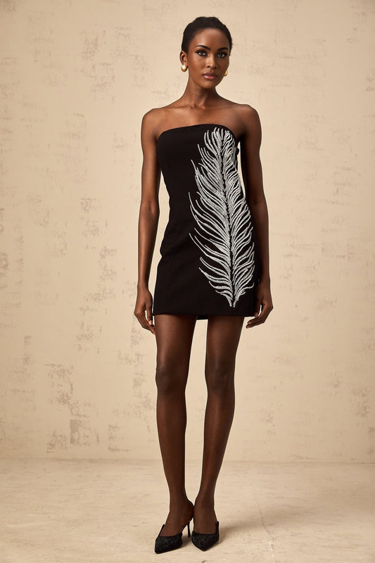 Black offshoulder mini dress with feather motif embellishments