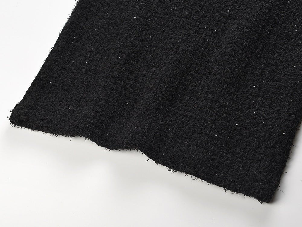 Black Peplum Top and Fitted Skirt Ensemble with Decorative Buttons and Pockets