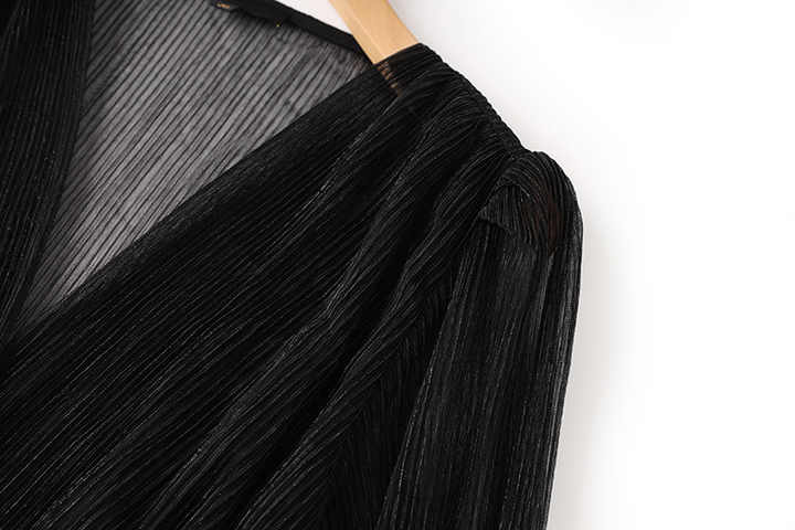 Black Pleated Maxi Dress with Sheer Sleeves and Waistband