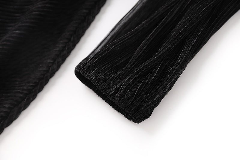 Black Pleated Maxi Dress with V-neckline and Sheer Details