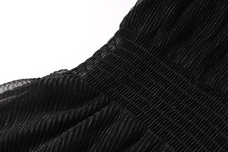 Black pleated maxi dress with V-neckline and sheer sleeves and waistband