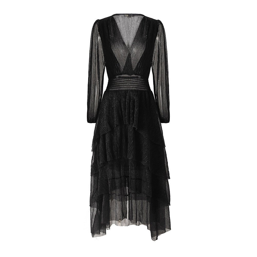 Black pleated V-neck maxi dress with sheer sleeves and waistband
