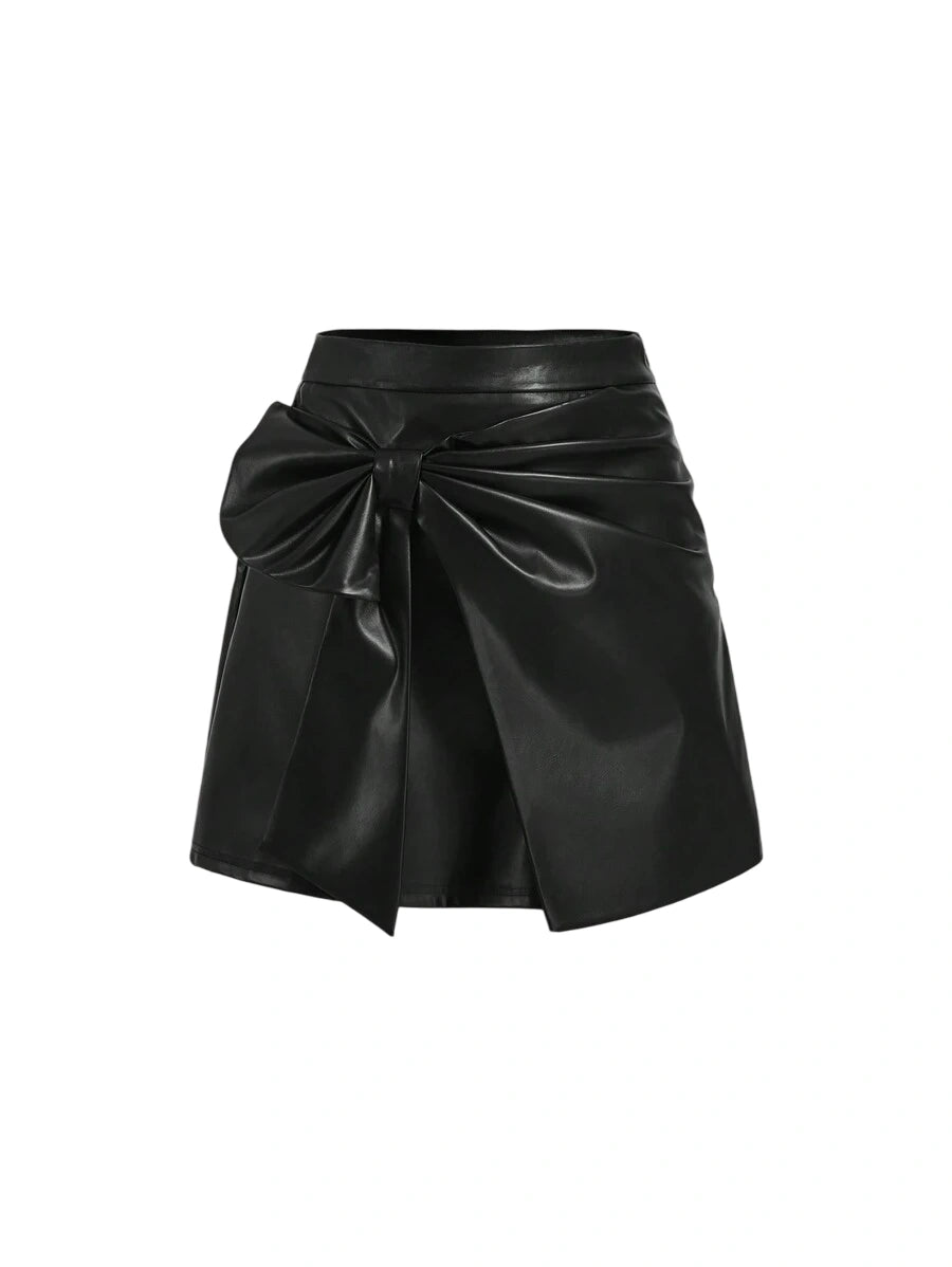 Black PU Fabric Bow Accent FrontSlit Mini SkirtFall Women Clothes New YearValentine ClothesWitchy