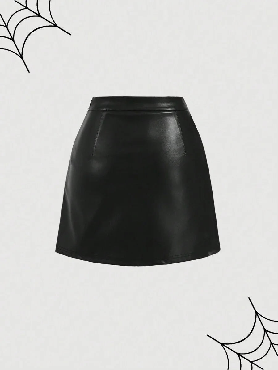 Black PU Fabric Bow Accent FrontSlit Mini SkirtFall Women Clothes New YearValentine ClothesWitchy