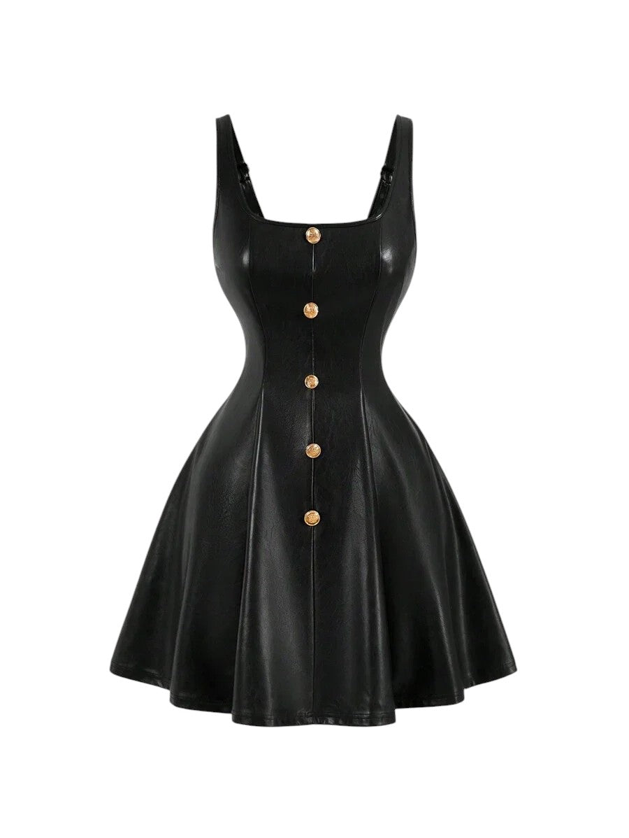 Black PU Front Metal Buckle Women Slip Dress Back To School Mini Skirt Women Fall Outfits Halloween