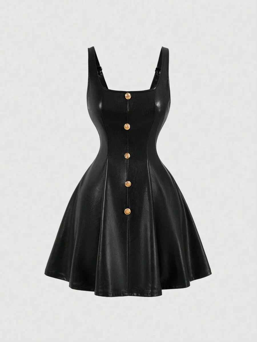 Black PU Front Metal Buckle Women Slip Dress Back To School Mini Skirt Women Fall Outfits Halloween