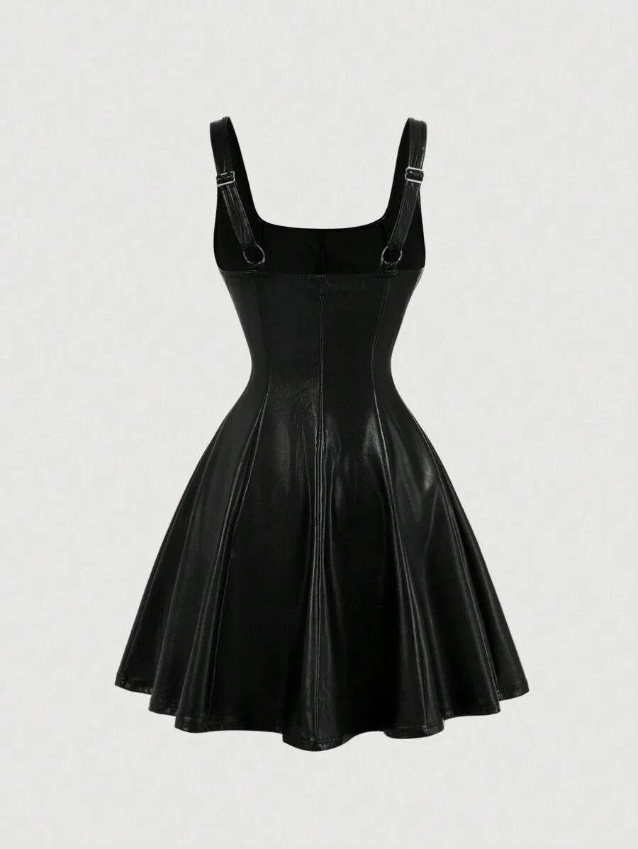 Black PU Front Metal Buckle Women Slip Dress Back To School Mini Skirt Women Fall Outfits Halloween