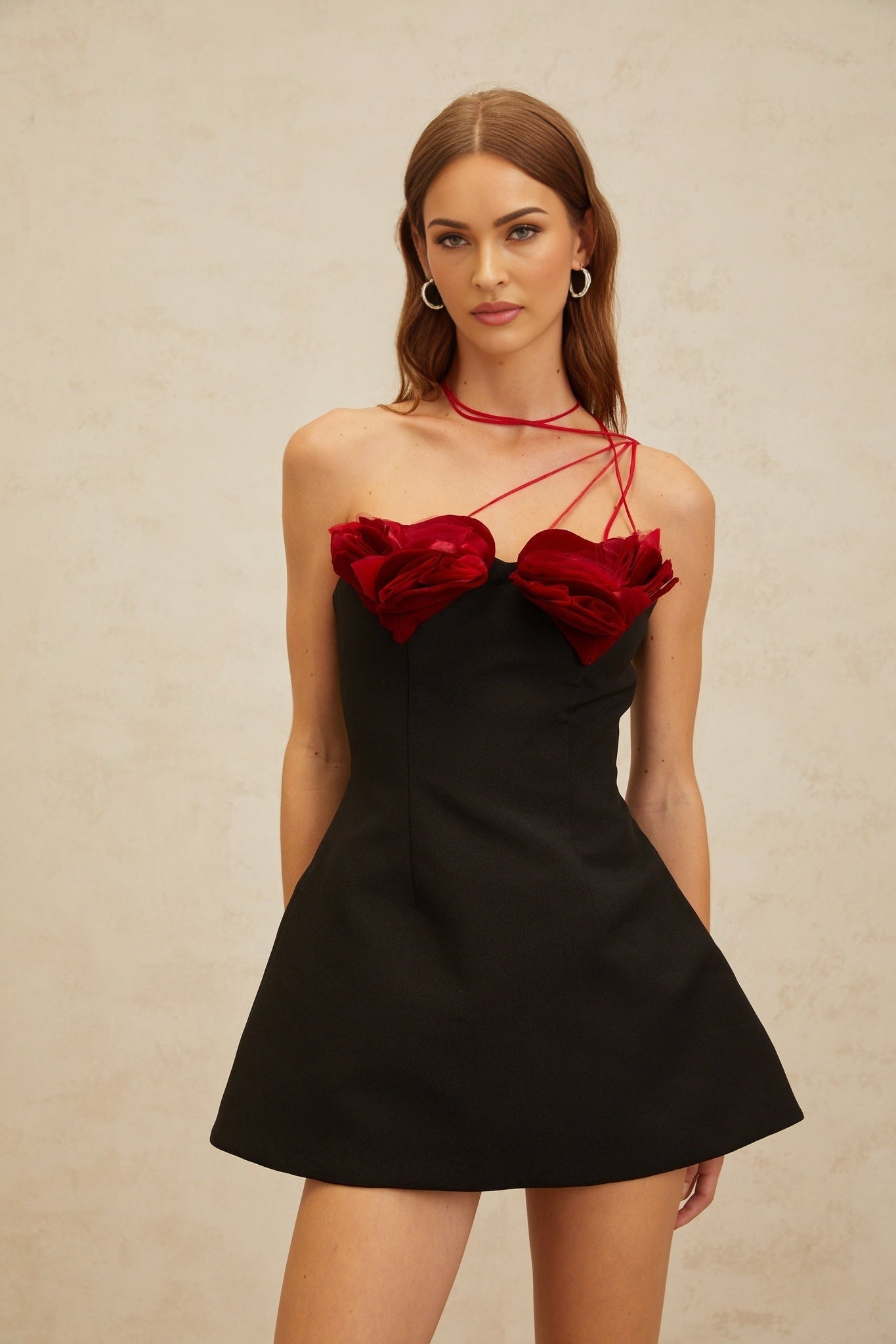 Black and Red Halterneck Sleeveless Dress with 3D-heart motif