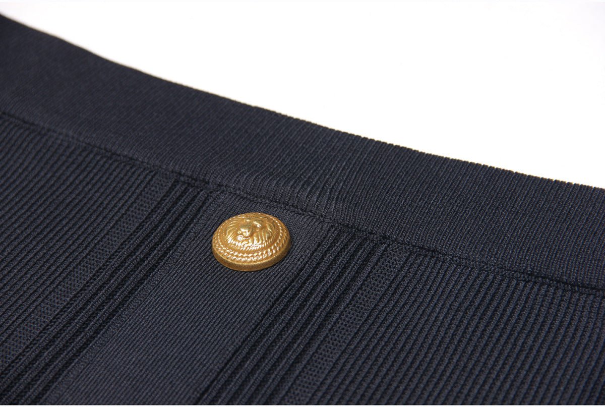 Black Ribbed Crop Top Set with Gold Button Details