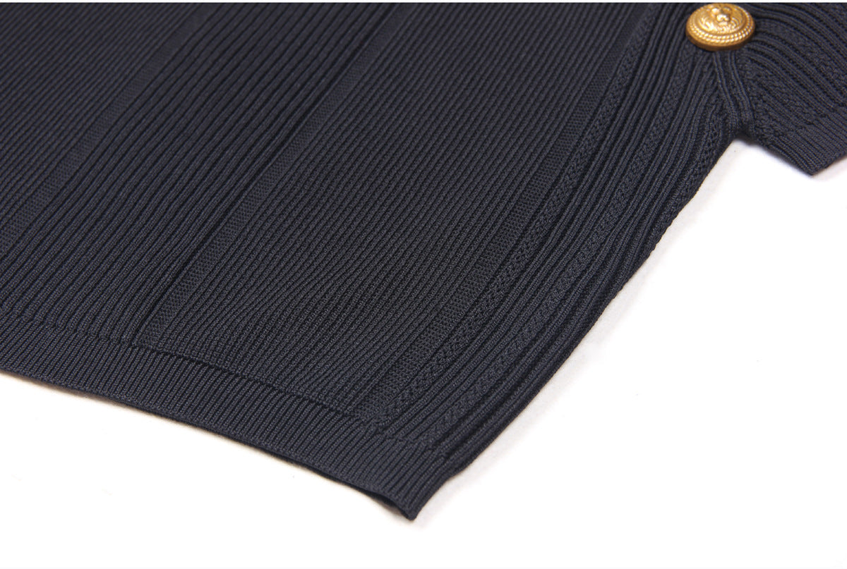 Black Ribbed Crop Top Set with Gold Button Details
