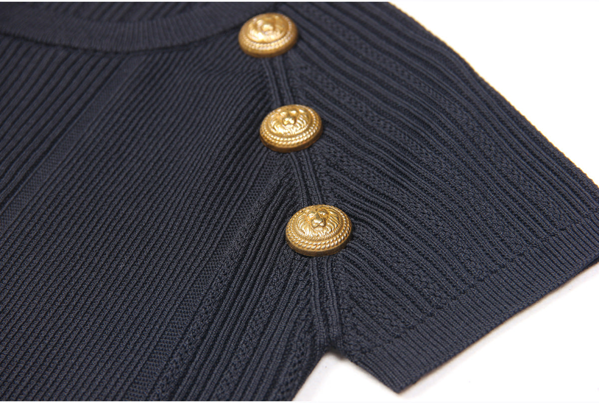 Black Ribbed Crop Top Set with Gold Button Details
