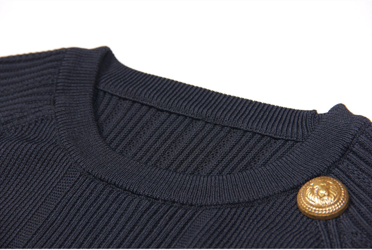Black Ribbed Crop Top Set with Gold Button Details