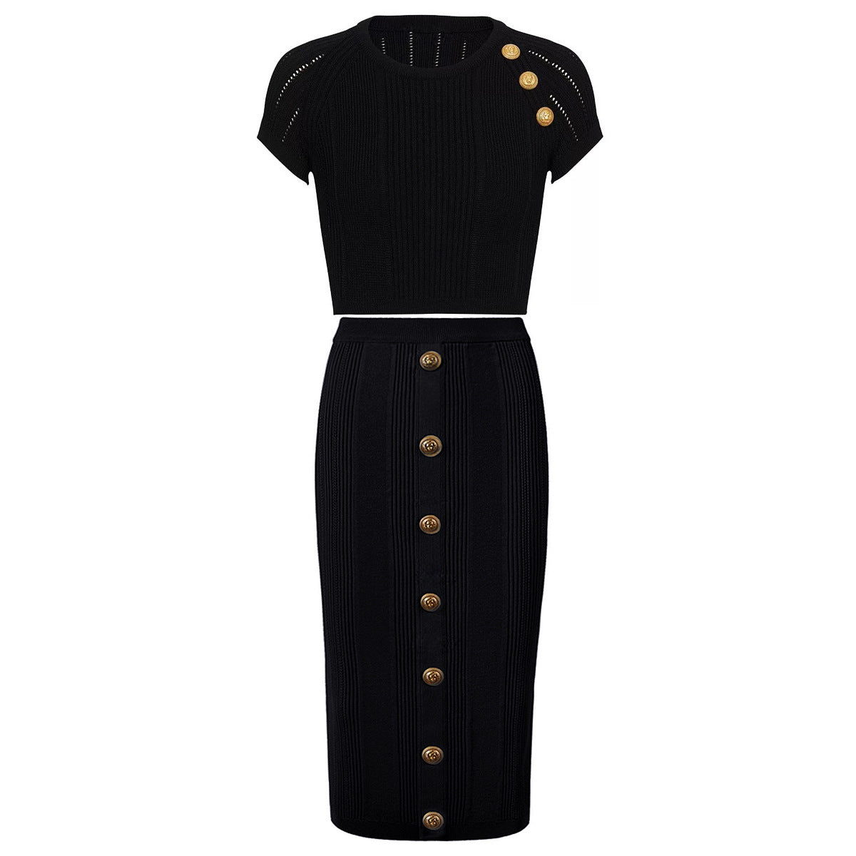 Black Ribbed Crop Top Set with Gold Button Details