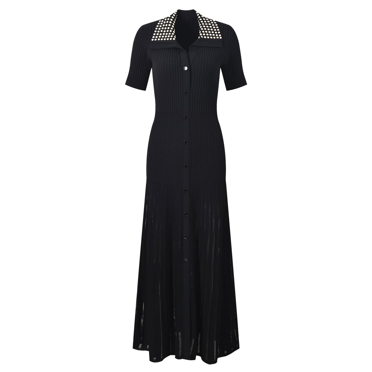Black ribbed maxi dress with studded collar