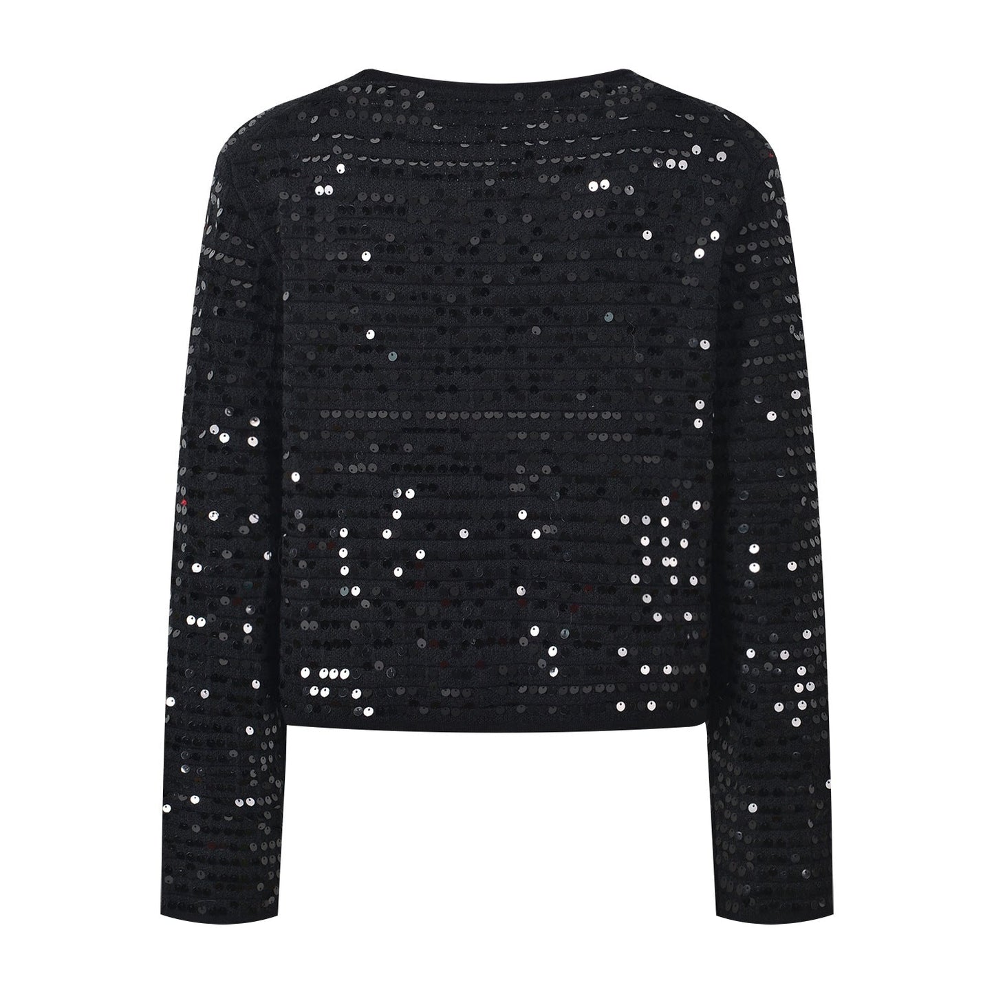 Black sequined cropped jacket with bejeweled buttons
