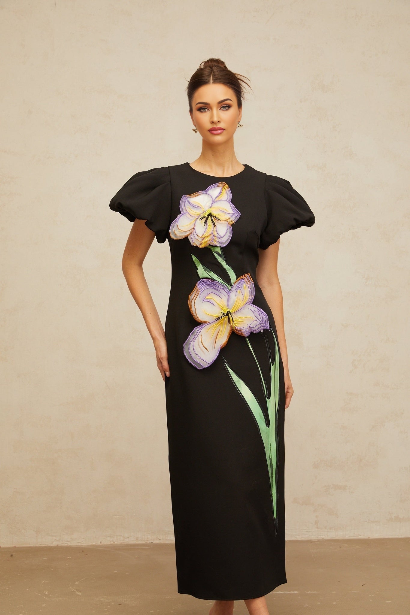 Black sequined midi dress with floral embroidery and shimmering details named Irene