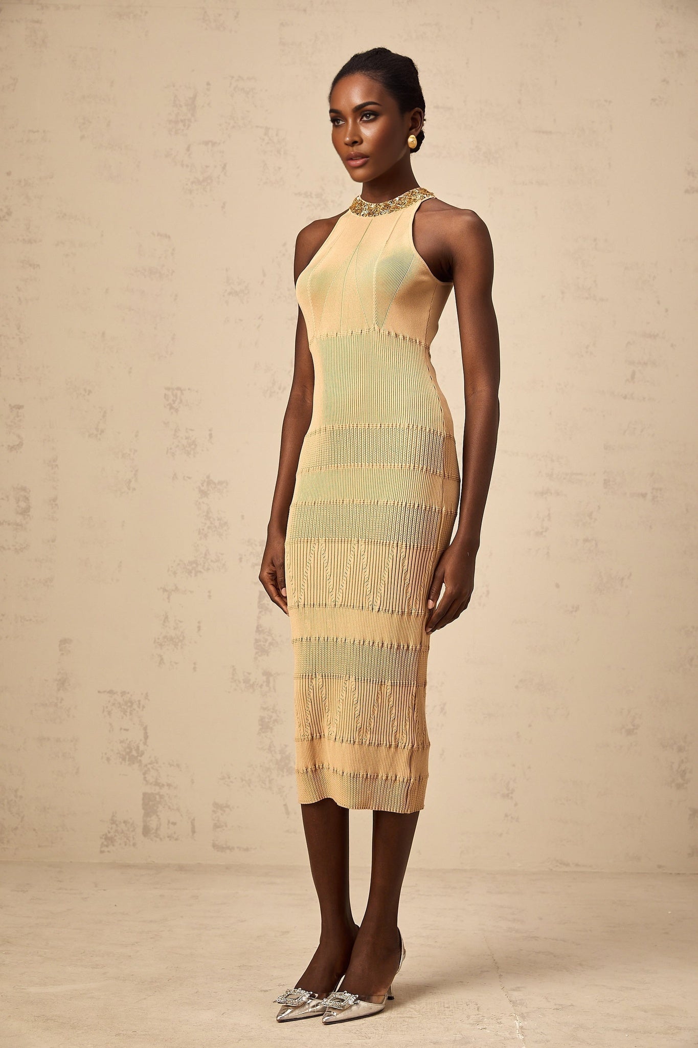 Black sequined midi dress with ribbed knit texture and long sleeves