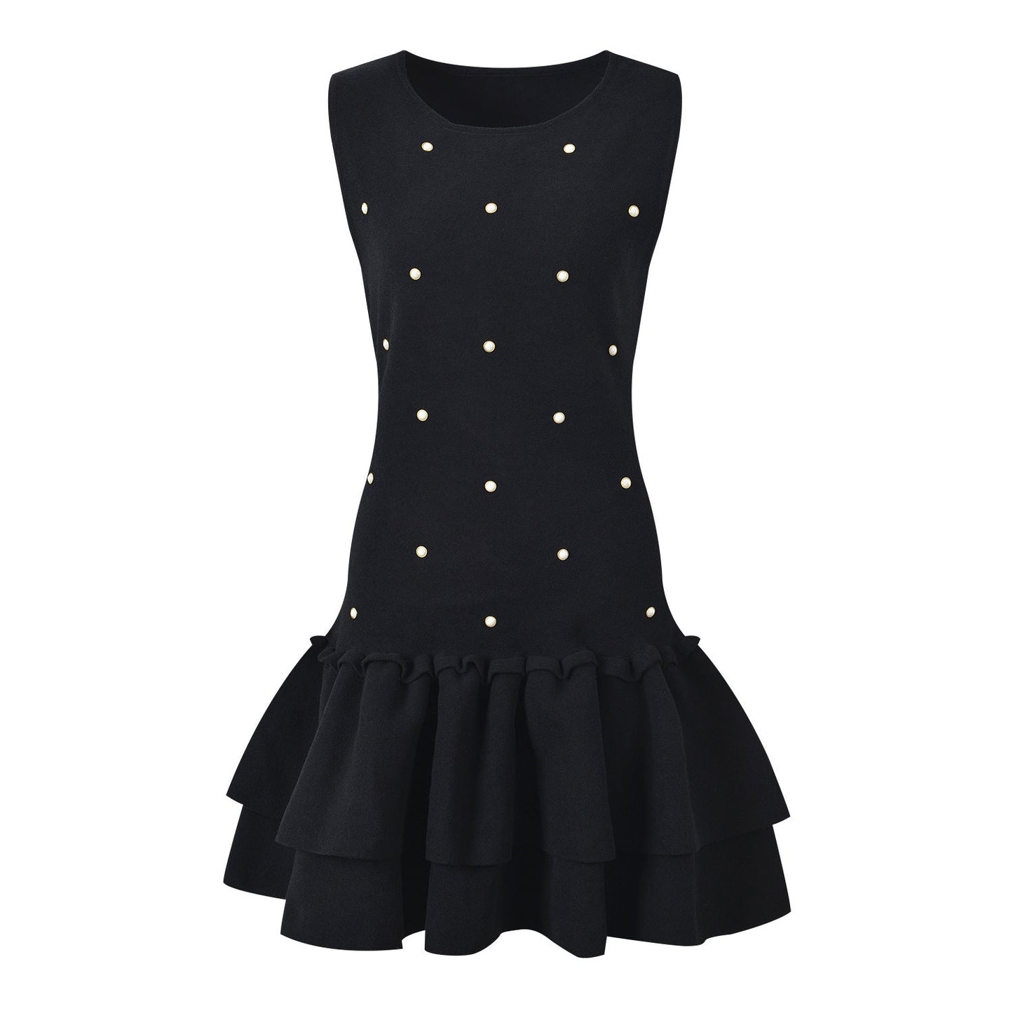 Black sleeveless dress with pearl embellishments and ruffle hem