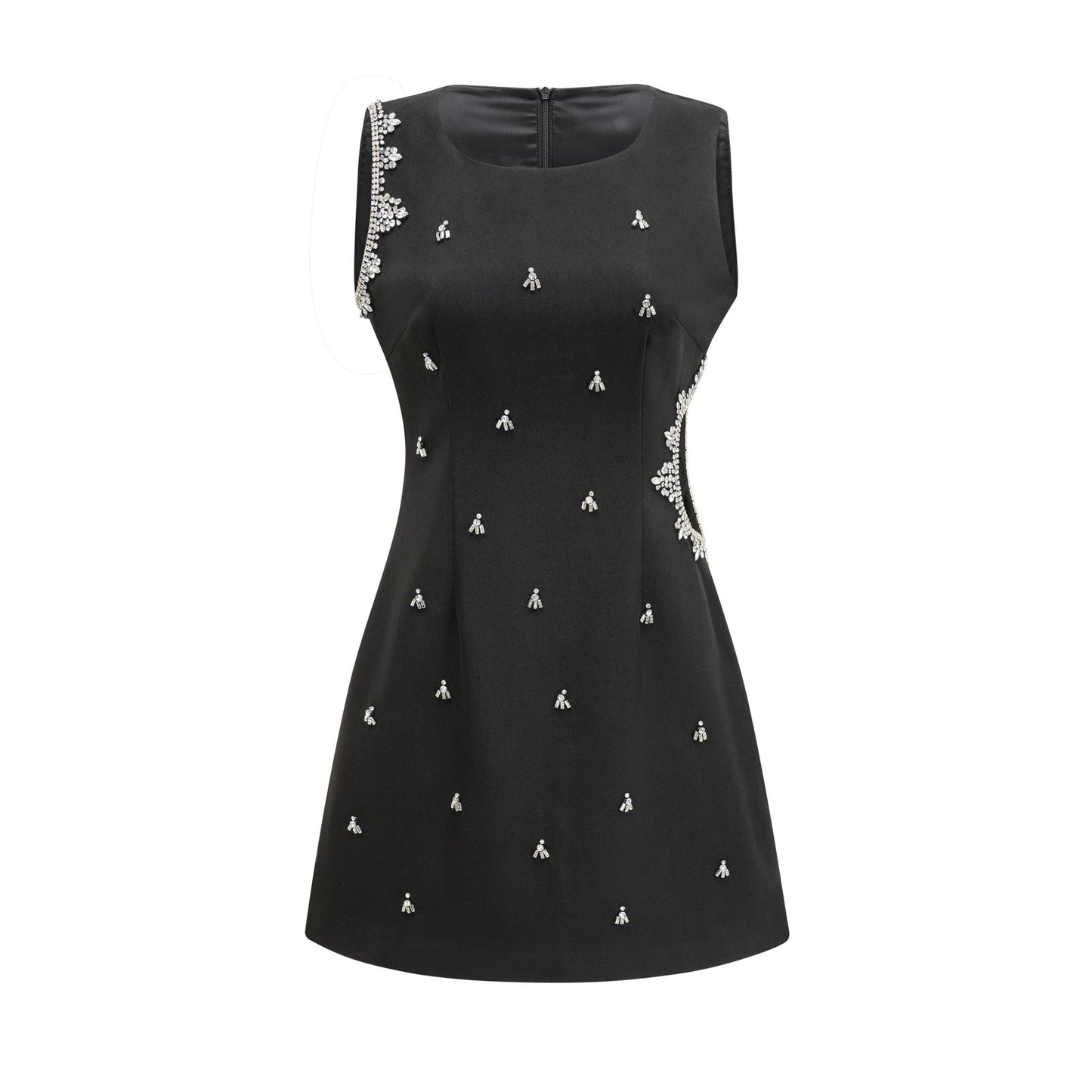 Black dress with accentuating contrast colors sleeveless design classy round neck unique cutout design sparkling crystal embellishments rear zip fastening stylish thigh length made of 100% Polyester