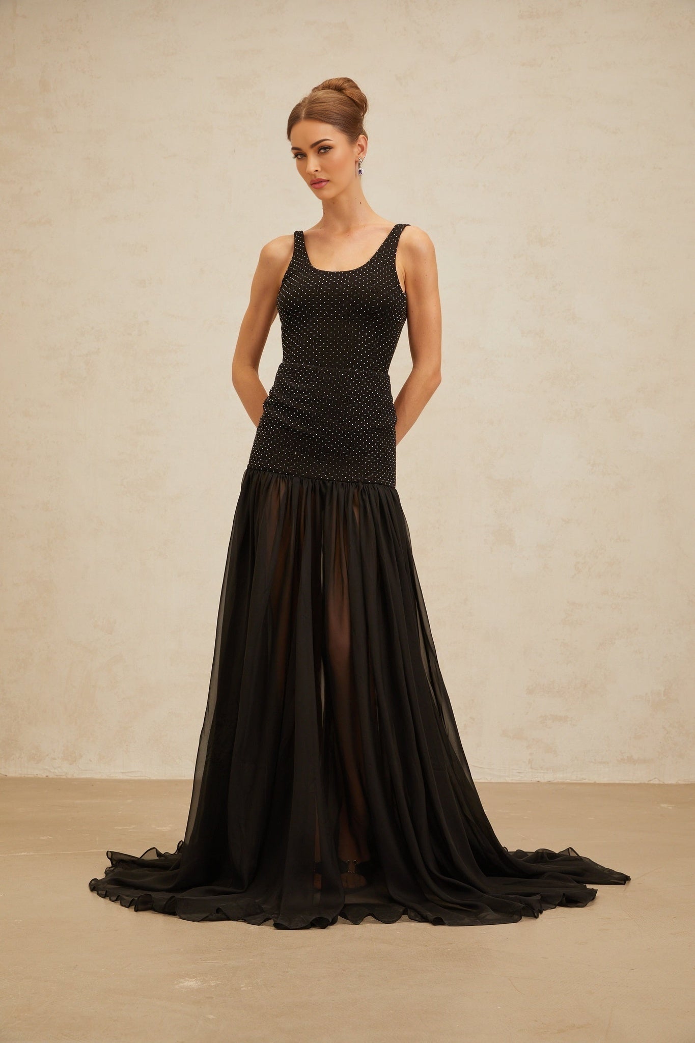 Black Sleeveless Fitted Scoop Neck Rhinestone Embellished Dress