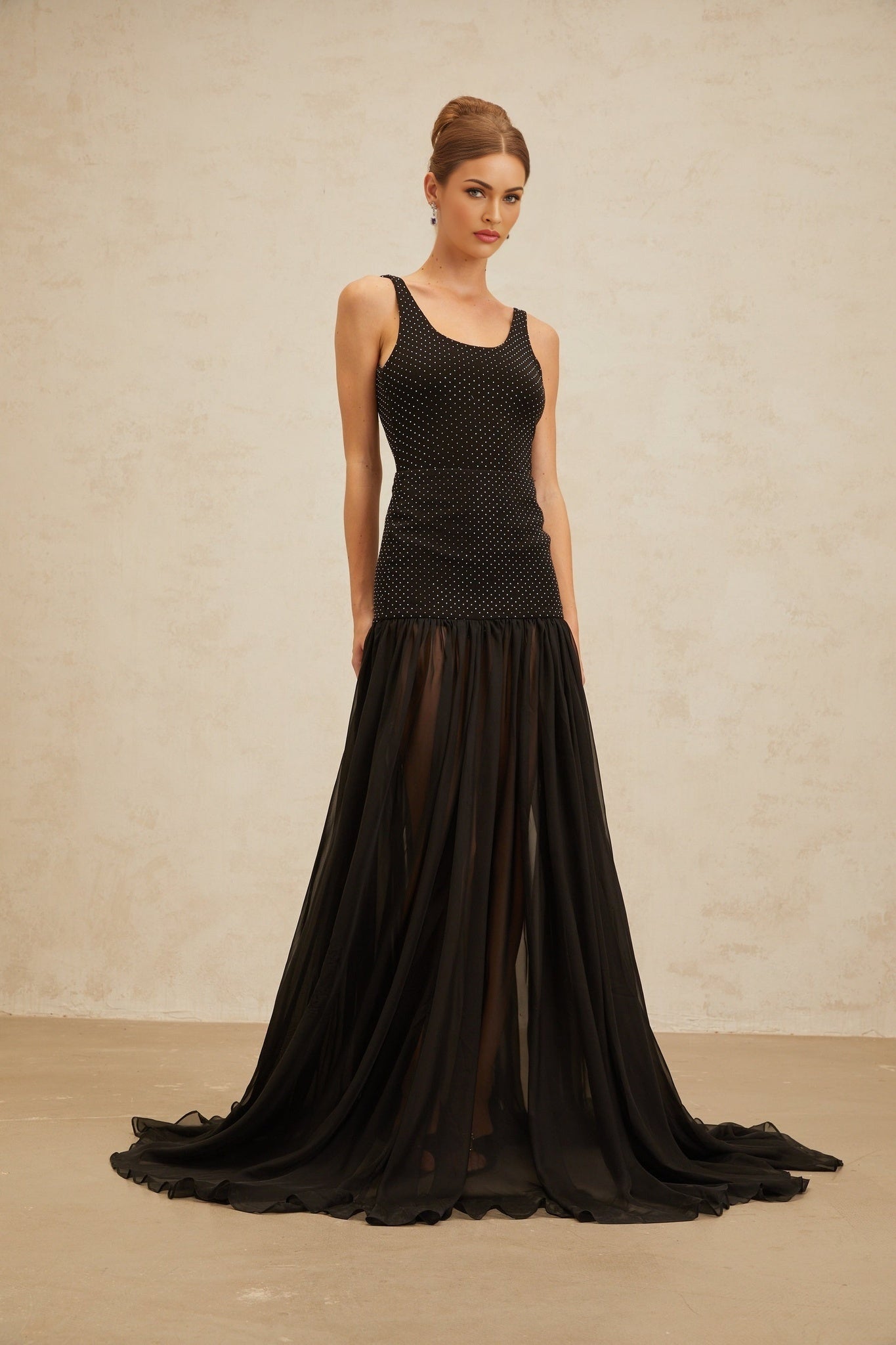 Black Sleeveless Scoop Neck Rhinestone Embellished Dress