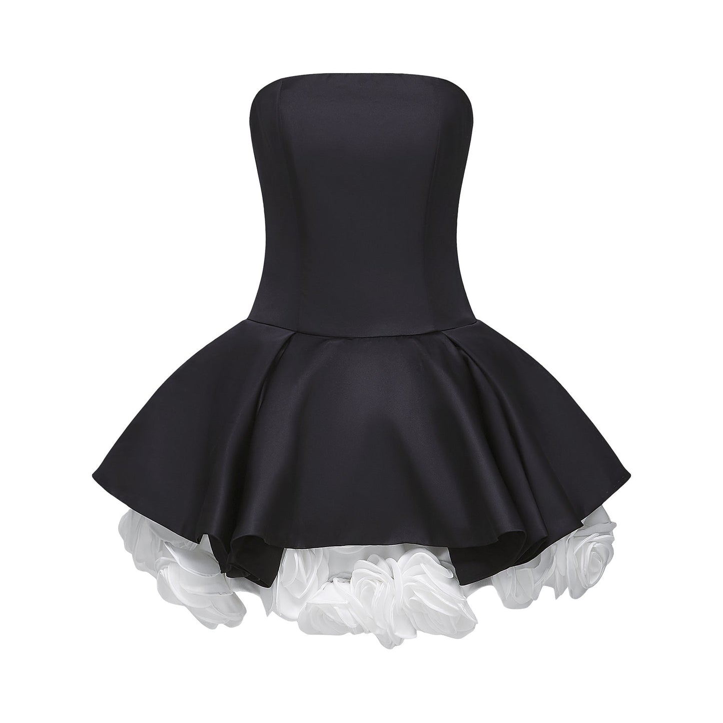 Black strapless corset mini dress with floral petal details named Lucie