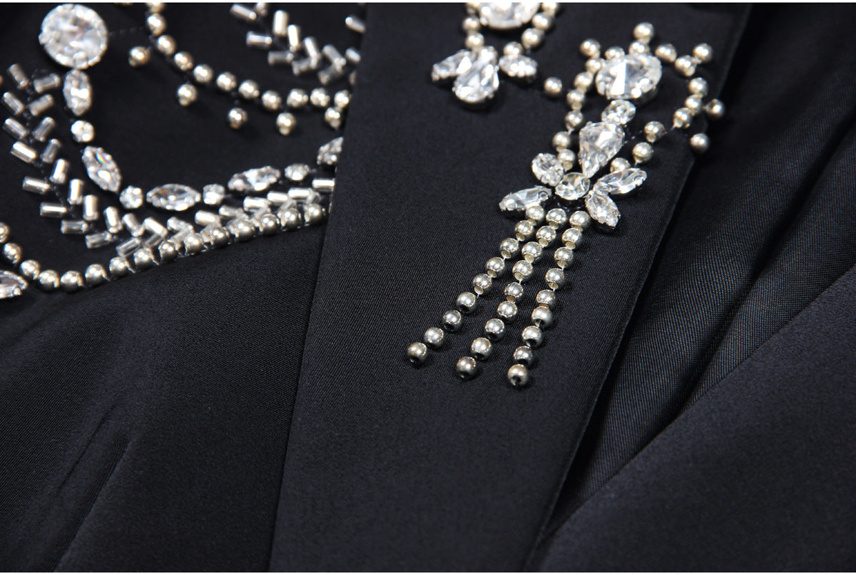 Black tailored silhouette blazer with crystal embellishments and silver accents