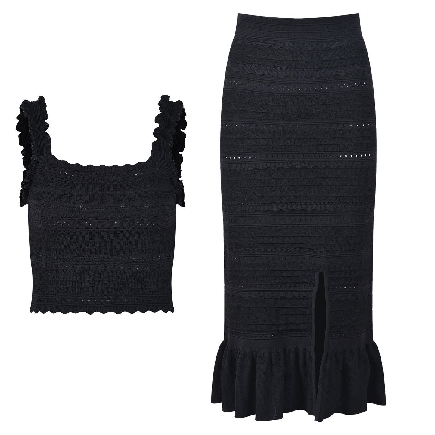 Black Textured Fitted Top and Pencil Skirt with Ruffled Details
