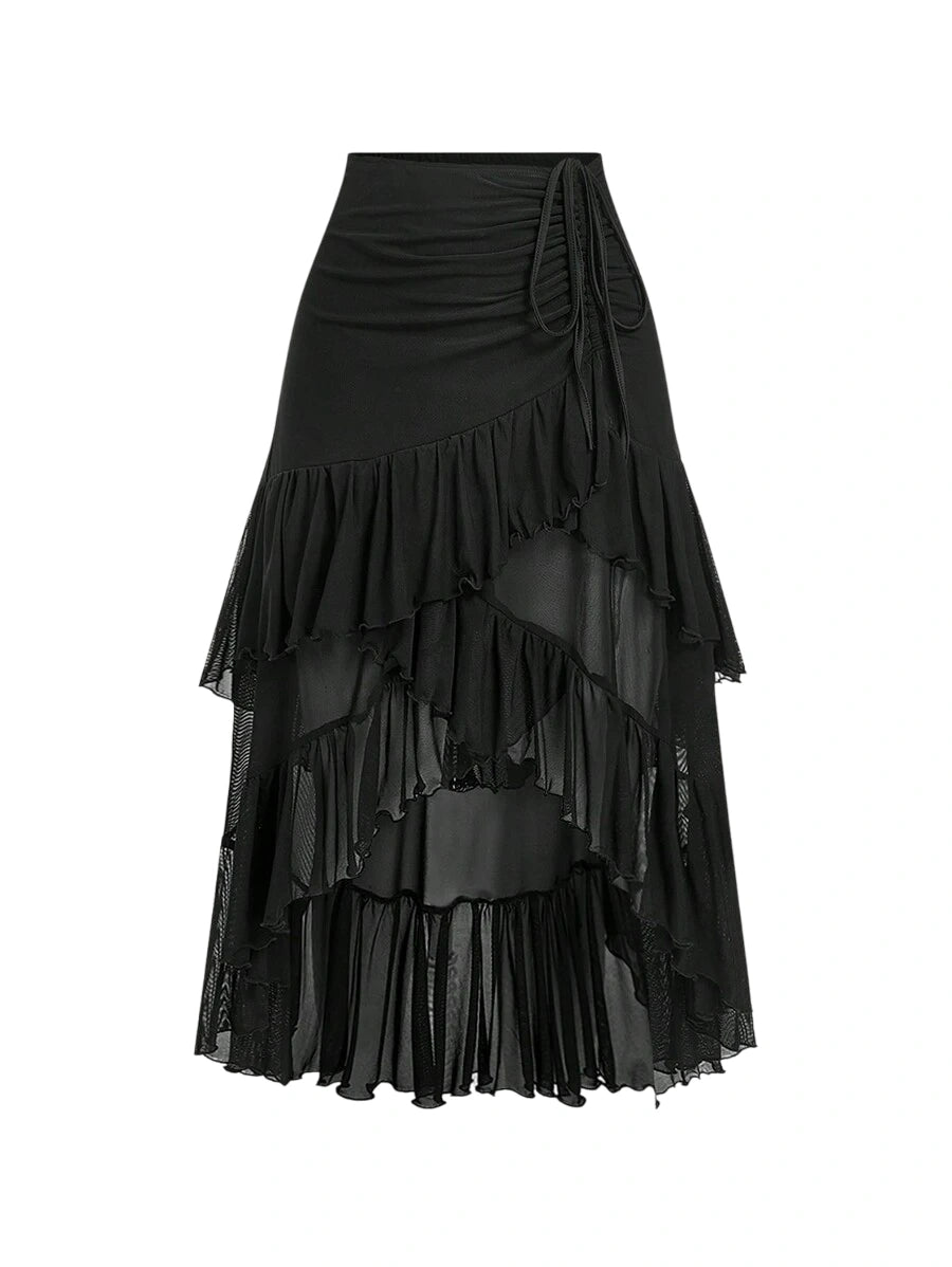 Black Tiered Ruffle Asymmetrical Hem Drawstring SkirtNew Years Women OutfitVacation Outfits