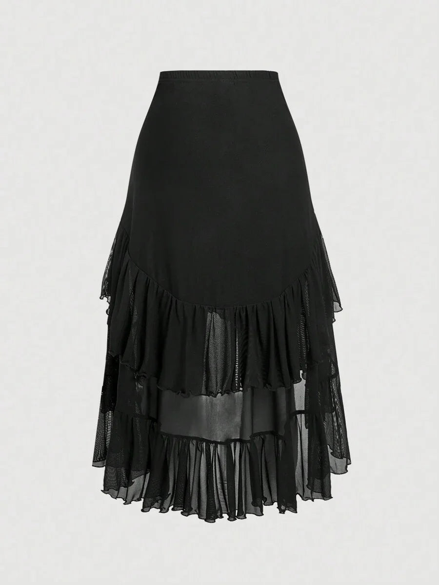 Black Tiered Ruffle Asymmetrical Hem Drawstring SkirtNew Years Women OutfitVacation Outfits