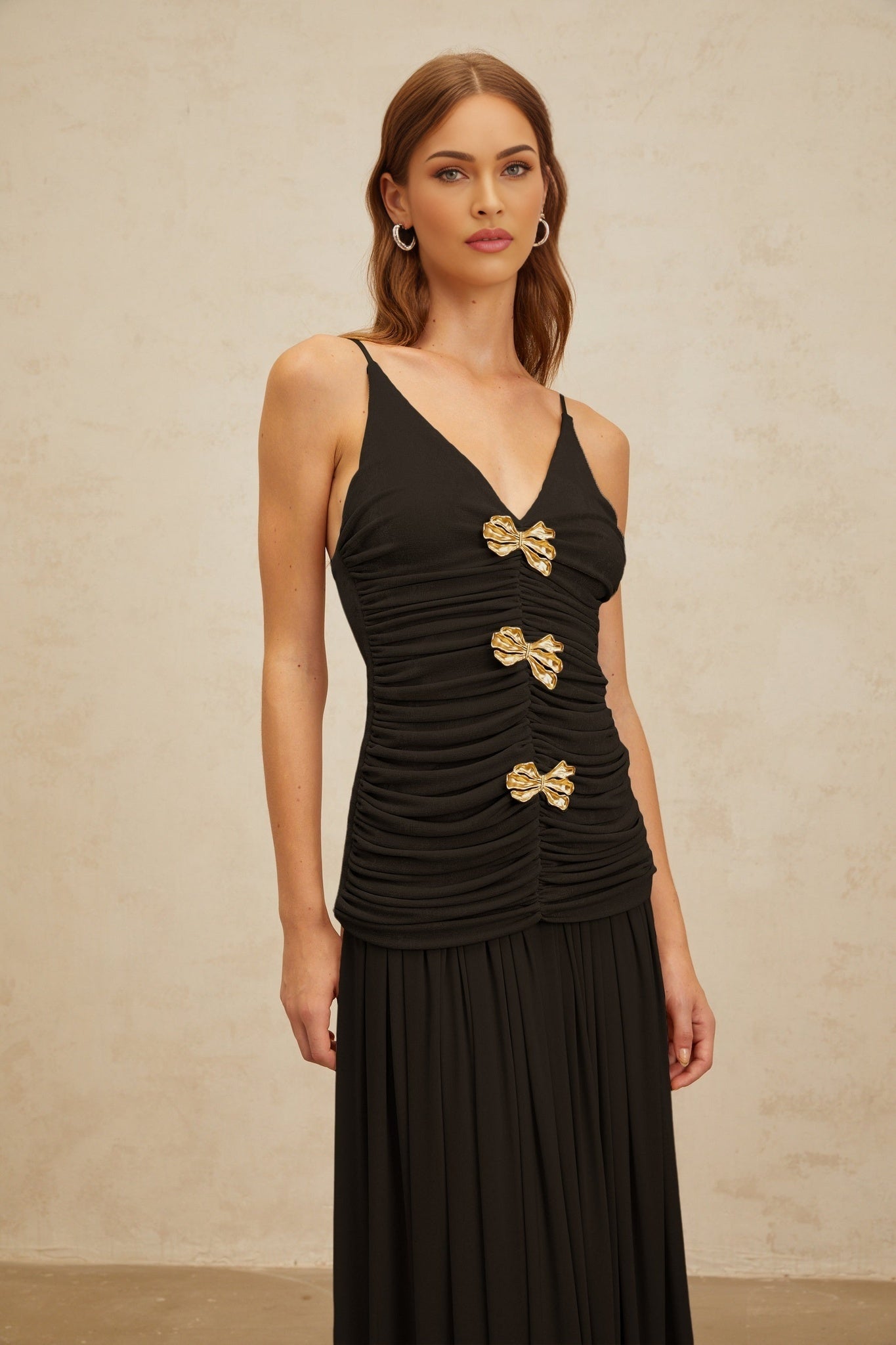 Black V-Neck Sleeveless Top with Brooch and Ruched Detailing and Adjustable Straps, Rear Zip Fastening, 100% Terylene Fiber, Black Pleated Maxi Skirt with Rear Zip Fastening, 100% Terylene Fiber