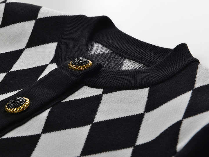 Black and White Harlequin Pattern Cardigan with Gold Button Accents and Pockets