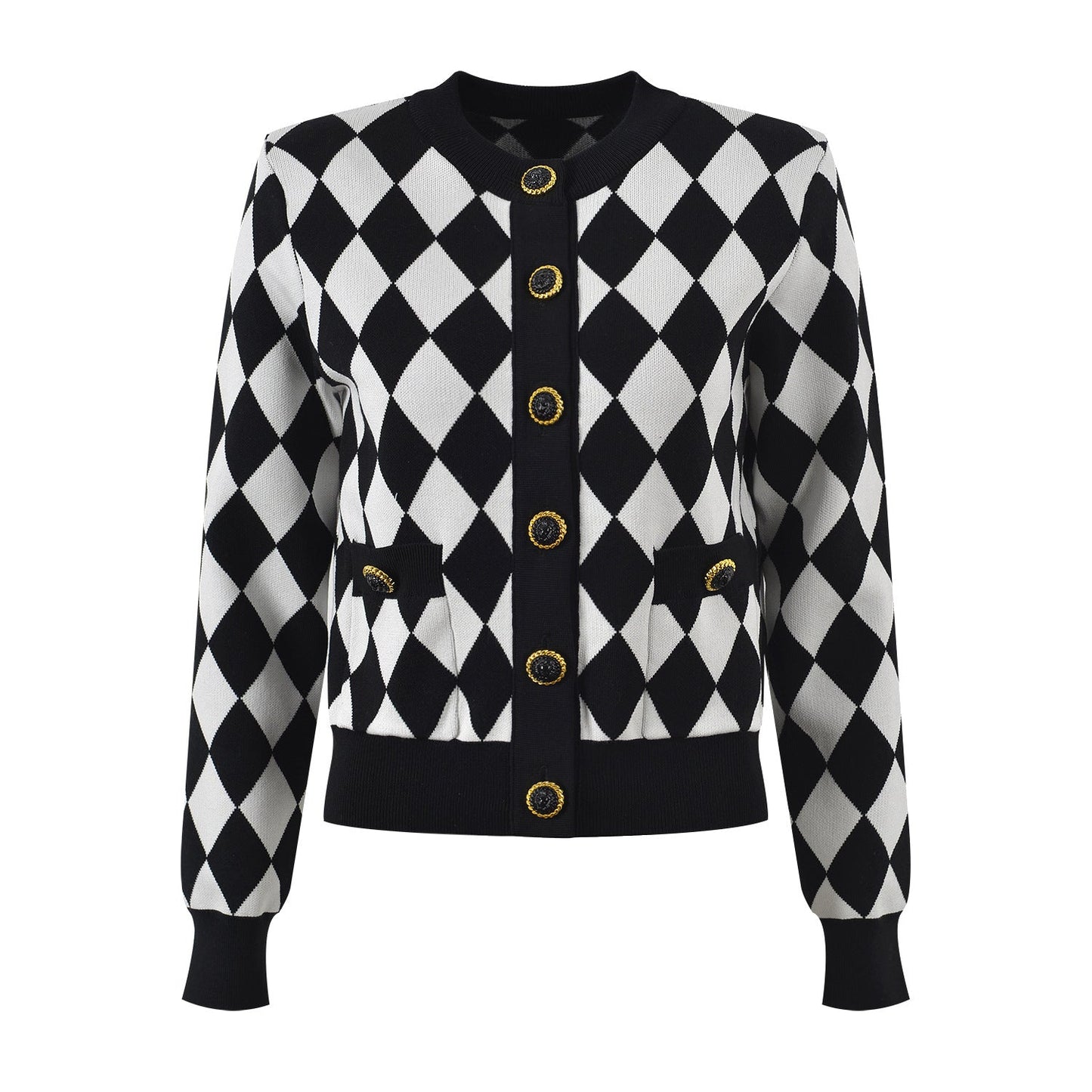 Black and white harlequin pattern cardigan with gold button accents and pockets