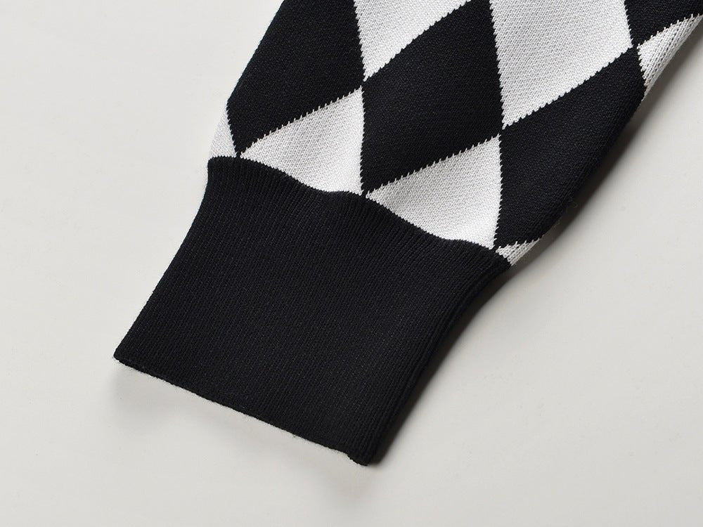 Black and White Harlequin Pattern Cardigan with Gold Button Accents