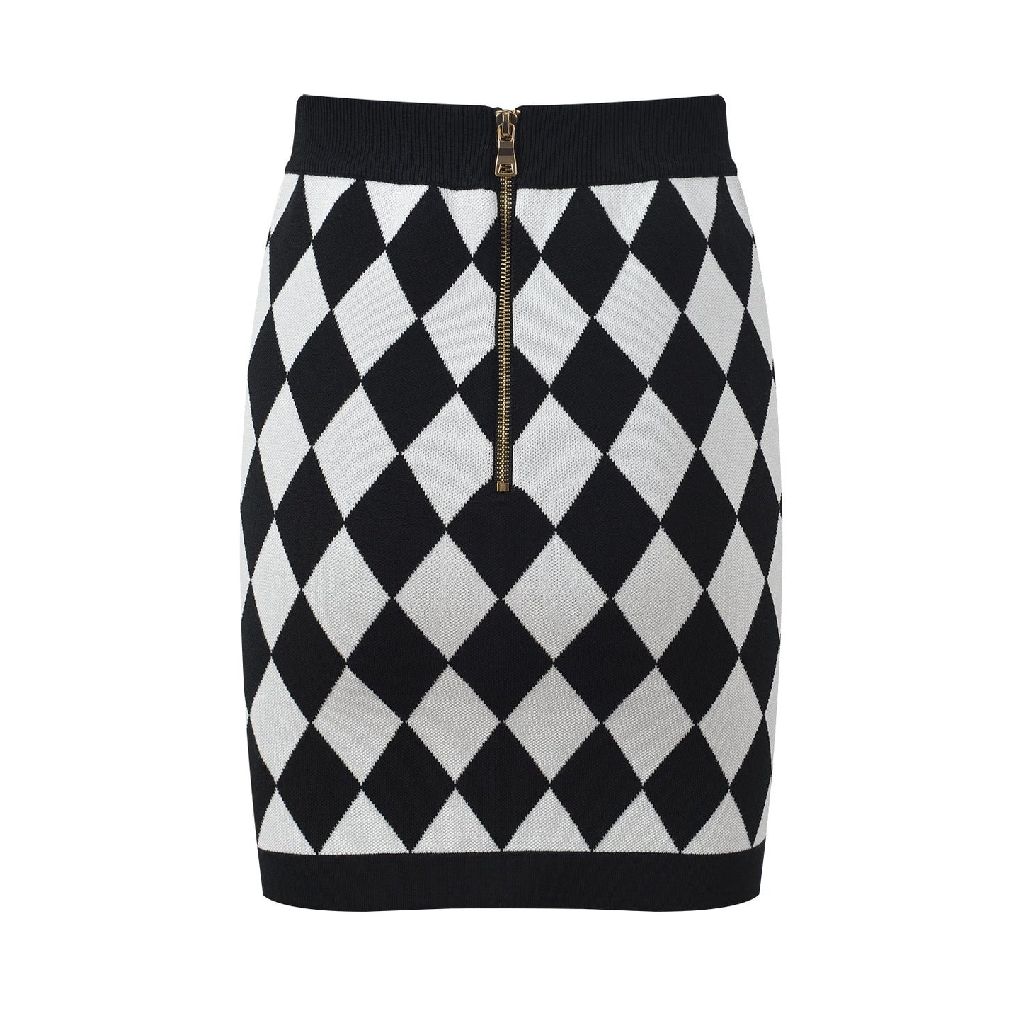 Black and white harlequin pattern pencil skirt with gold-button accents