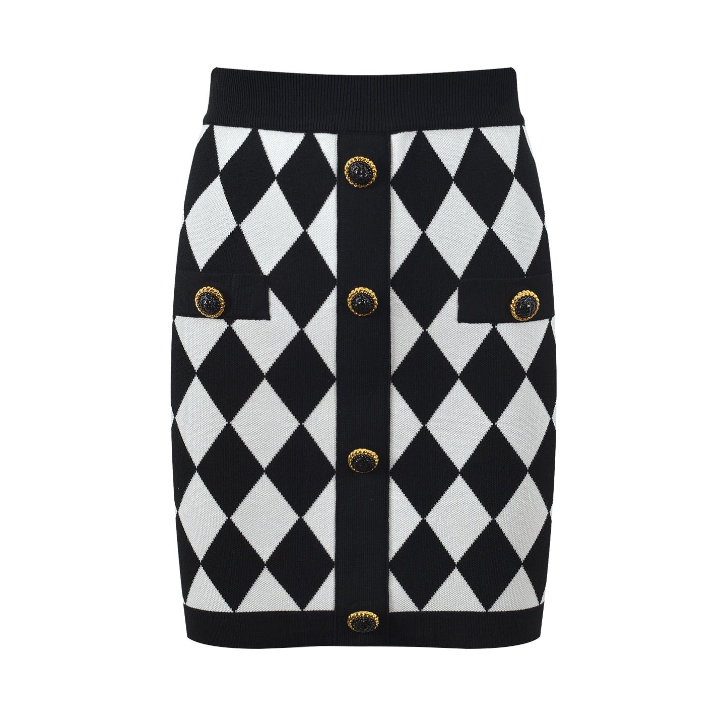 Form-fitting black and white harlequin pattern pencil skirt with gold-button accents on pockets