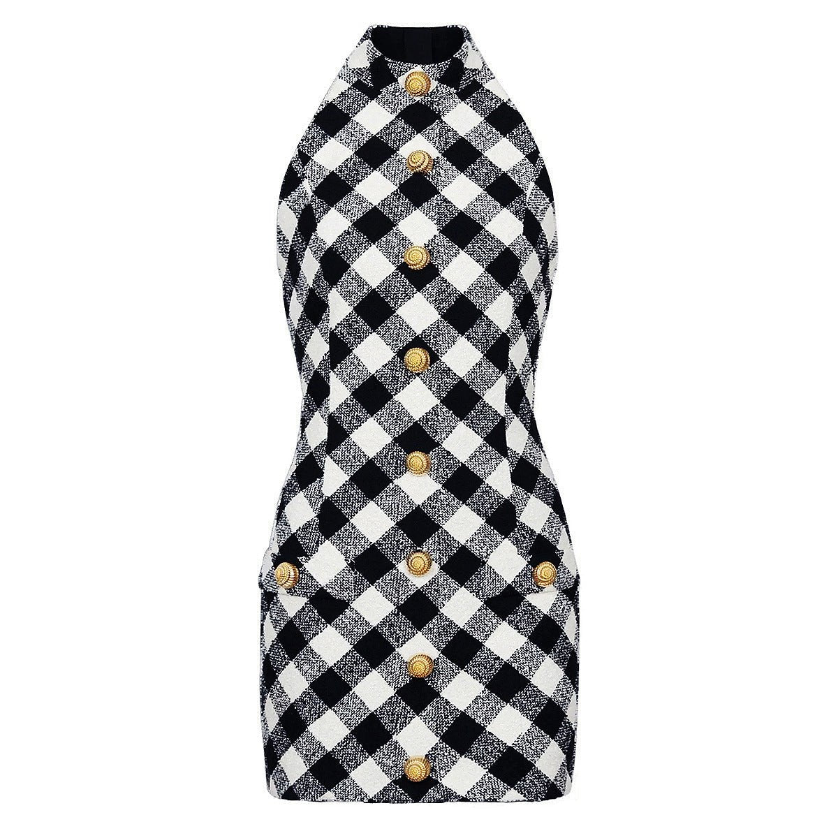 Black and white plaid halter dress with gold buttons