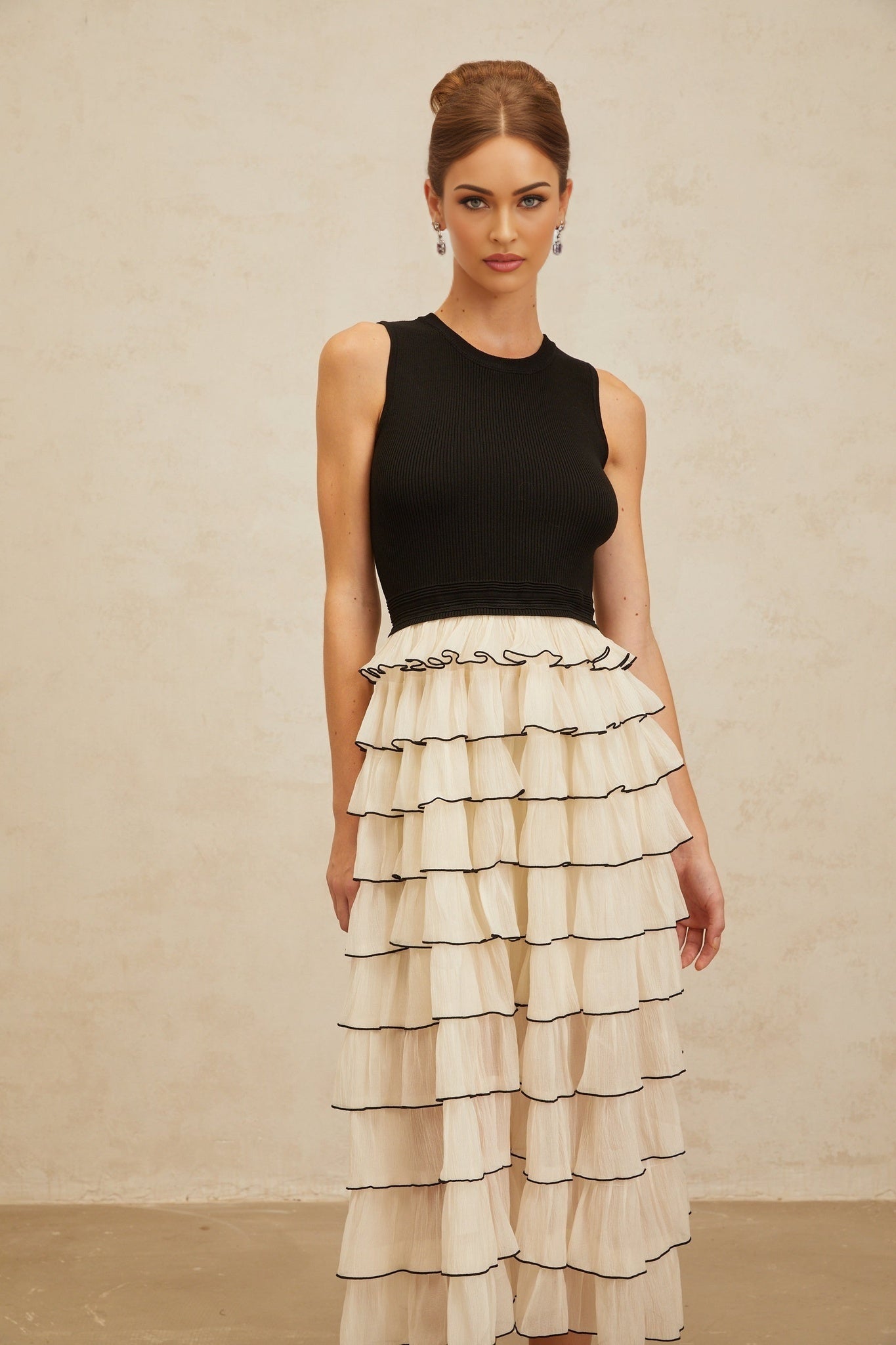 Black and White Sleeveless Round Neck Ribbed Knit Midi Dress with Tulle Panelling
