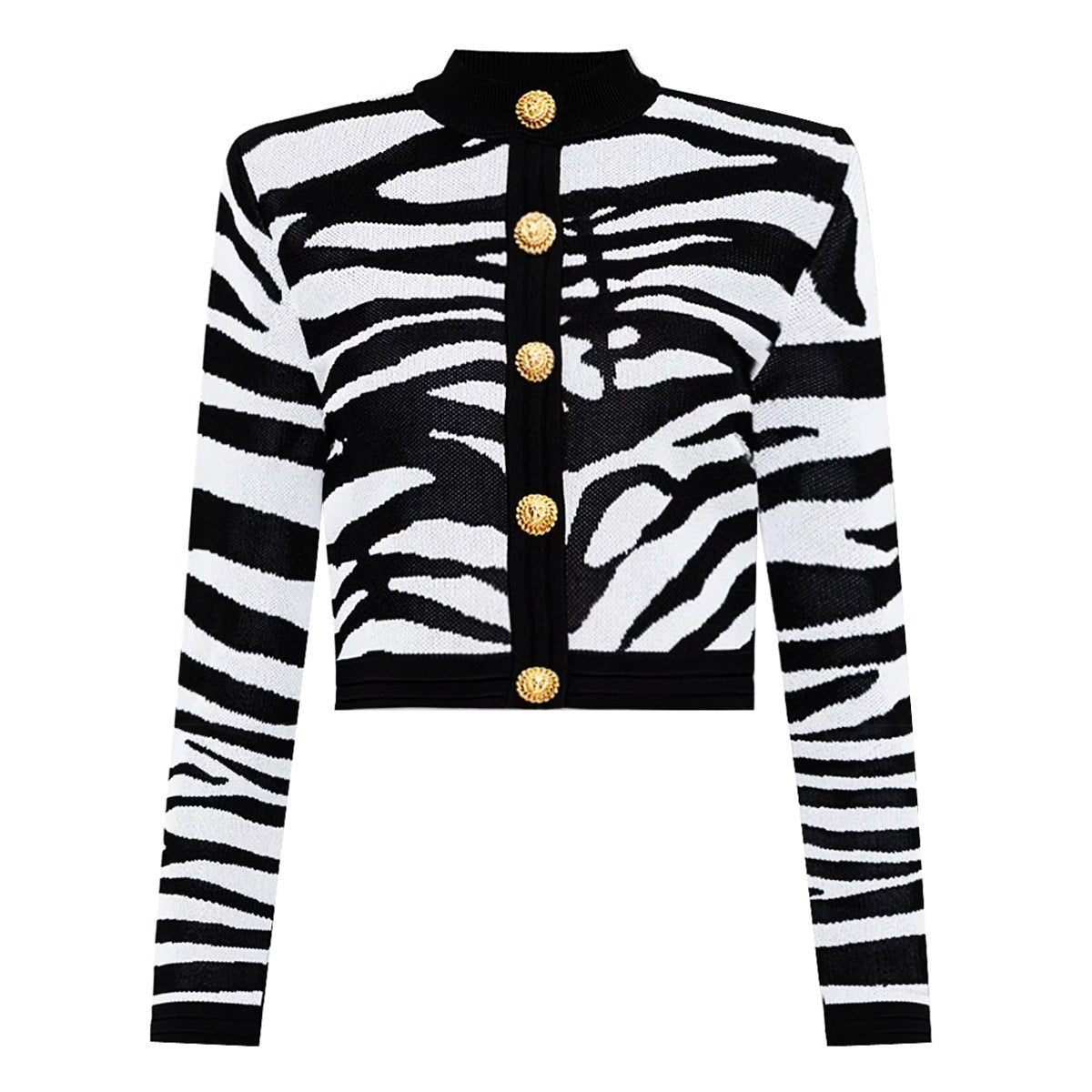 Black and white zebra print cropped jacket with gold buttons